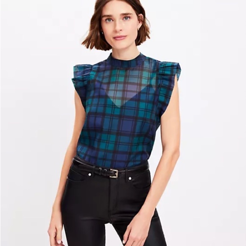 Loft Plaid Ruffle-Sleeve Mock Neck Top - Blue/Green